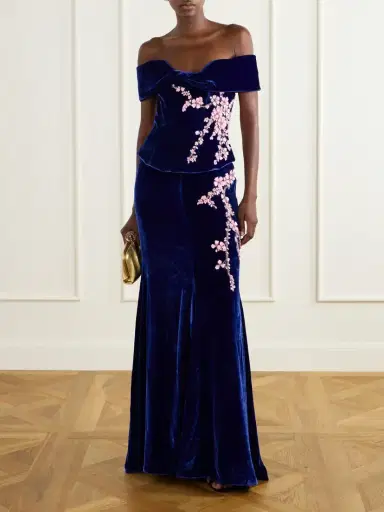 Costarellos Rielle Flower-appliqué Off-shoulder Velvet Gown | Thumbnail 2