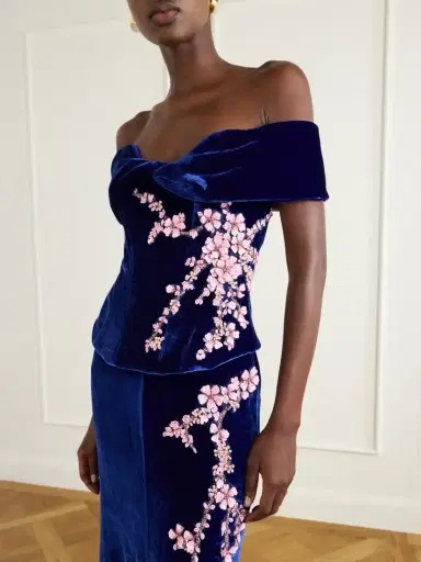 Costarellos Rielle Flower-appliqué Off-shoulder Velvet Gown | Thumbnail 4