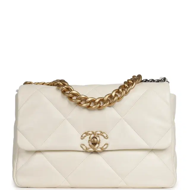Chanel Chanel Large 19 Flap Bag White Shiny Lambskin Mixed Metal Hardware