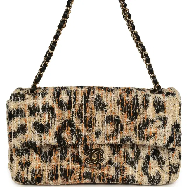 Chanel Chanel Maxi Leopard Print "Souplissimo" Small Flap Bag Brown, Black, White Tweed, Mixed Fibers Gold Hardware