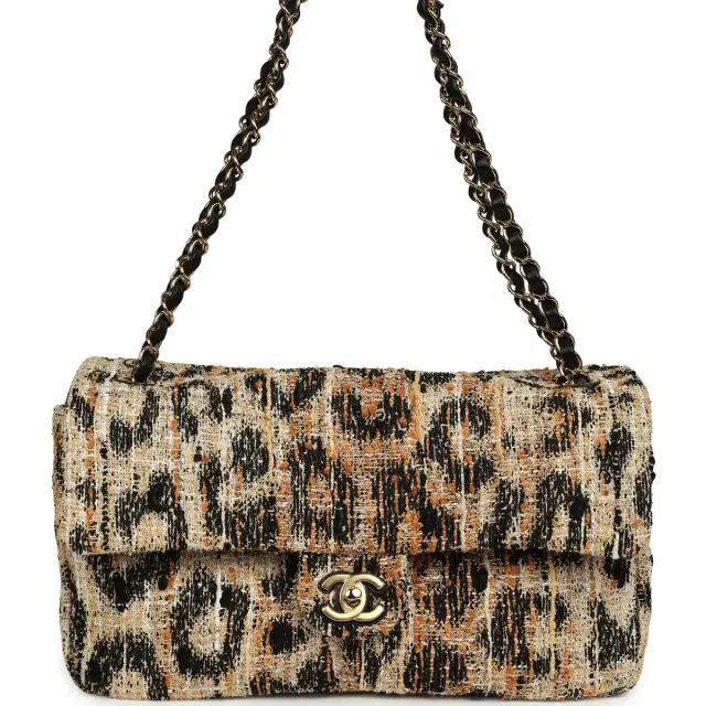 Chanel Chanel Maxi Leopard Print "Souplissimo" Small Flap Bag Brown, Black, White Tweed, Mixed Fibers Gold Hardware