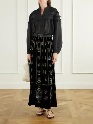 Emporio Sirenuse Camille Agra Flower-embroidered Velvet Midi Skirt | Thumbnail 2