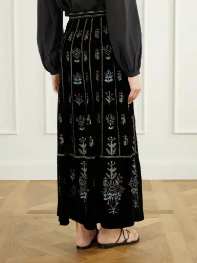 Emporio Sirenuse Camille Agra Flower-embroidered Velvet Midi Skirt | Thumbnail 3