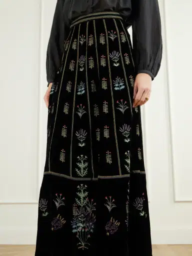 Emporio Sirenuse Camille Agra Flower-embroidered Velvet Midi Skirt | Thumbnail 4