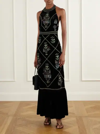 Emporio Sirenuse Chantal Agra Flower-embroidered Velvet Midi Dress | Thumbnail 2