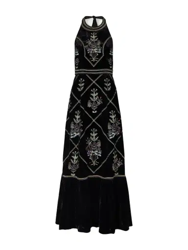 Emporio Sirenuse Chantal Agra Flower-embroidered Velvet Midi Dress | Thumbnail 1