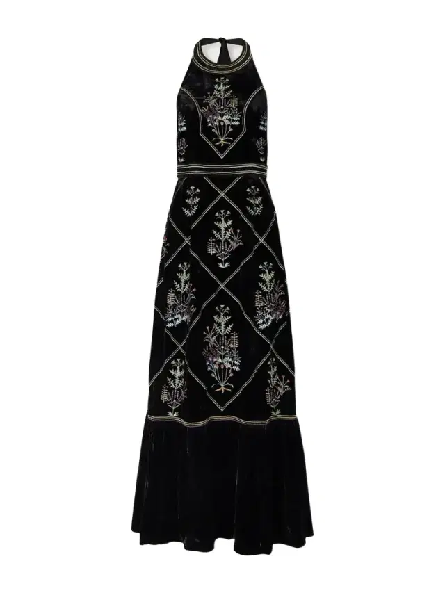 Emporio Sirenuse Chantal Agra Flower-embroidered Velvet Midi Dress