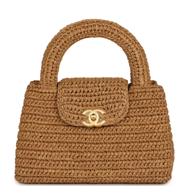 Chanel Chanel Small Kelly Shopper Dark Beige Raffia Brushed Gold Hardware