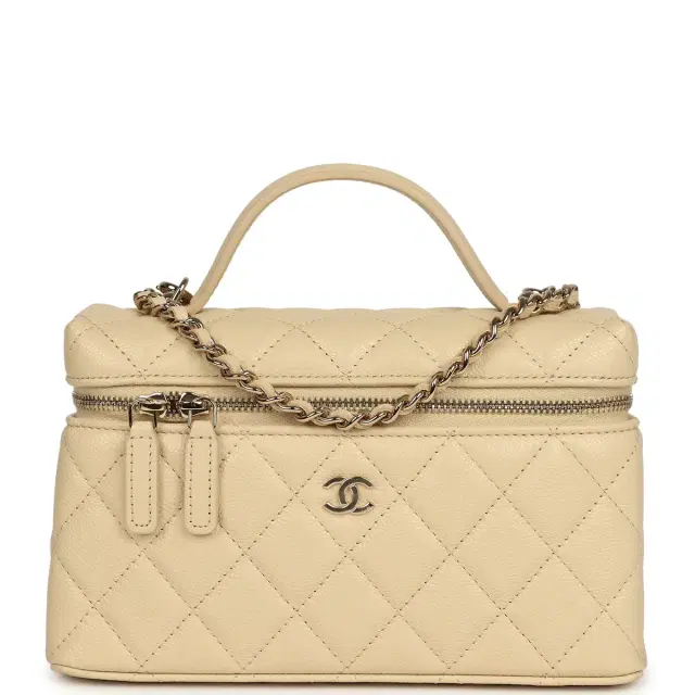 Chanel Chanel Top Handle Long Vanity Case with Chain Beige Shiny Caviar Light Gold Hardware