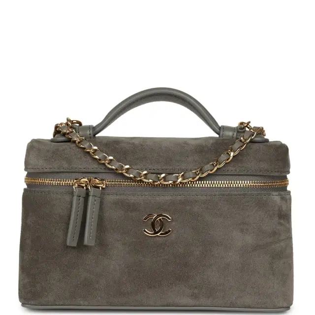 Chanel Chanel Top Handle Long Vanity Case with Chain Dark Grey Suede Gold Hardware