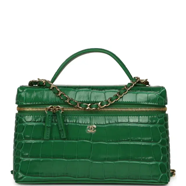 Chanel Chanel Top Handle Long Vanity Case with Chain Green Croc Embossed Calfskin Gold Hardware