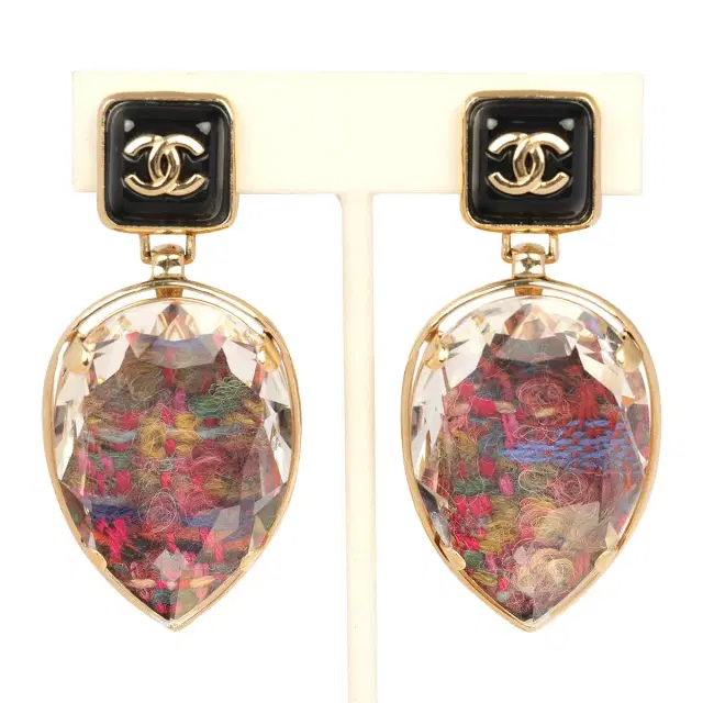 Chanel Chanel Tweed Drop Earrings Black Enamel Gold Tone Hardware