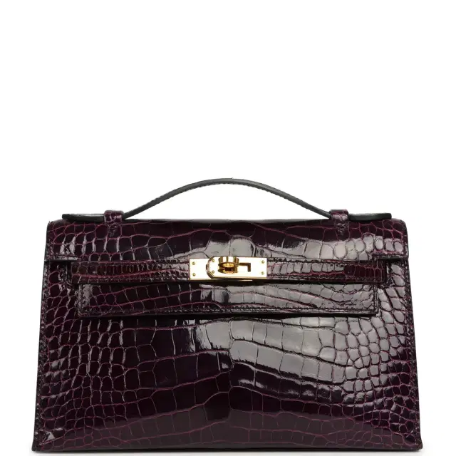HERMÈS Pre-owned Hermes Kelly Pochette Aubergine Shiny Alligator Mississippiensis Gold Hardware
