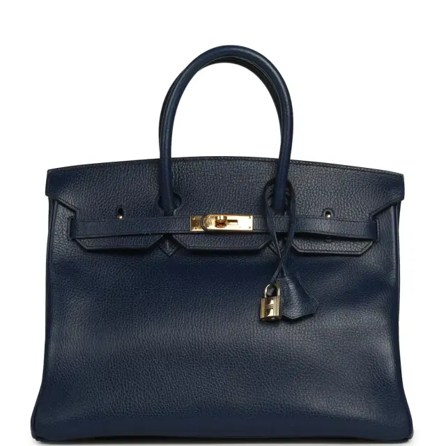 HERMÈS Vintage Hermes Birkin 35 Bleu Marine Ardennes Gold Hardware