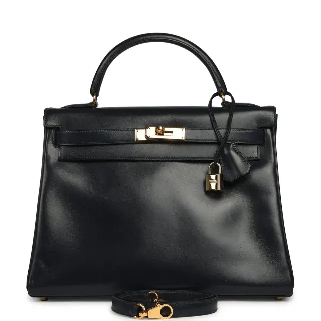 HERMÈS Vintage Hermes Kelly Sellier 32 Bleu Indigo Box Gold Hardware