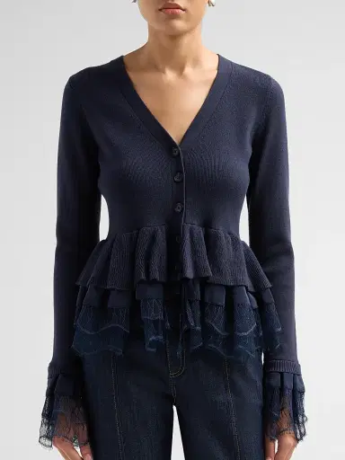 Cinq à Sept Women's Dolly Ruffled Lace-Trimmed Peplum Cardigan - Navy | Thumbnail 5