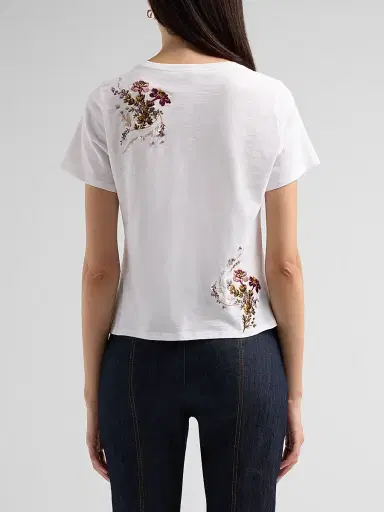 Cinq à Sept Women's Loveletter Floral Embroidered Cotton T-Shirt - White Multi | Thumbnail 3