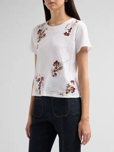Cinq à Sept Women's Loveletter Floral Embroidered Cotton T-Shirt - White Multi | Thumbnail 4