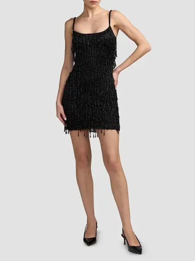 Mac Duggal Women's Beaded Fringe Mesh Mini Dress - Black | Thumbnail 2