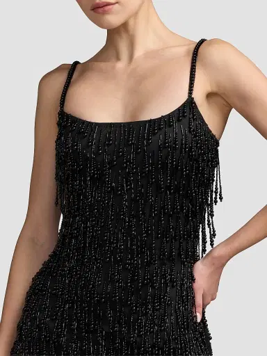 Mac Duggal Women's Beaded Fringe Mesh Mini Dress - Black | Thumbnail 4