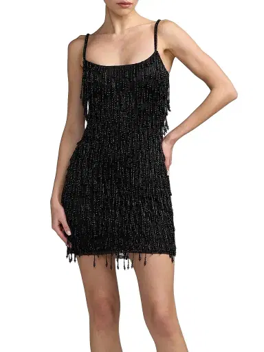 Mac Duggal Women's Beaded Fringe Mesh Mini Dress - Black | Thumbnail 1