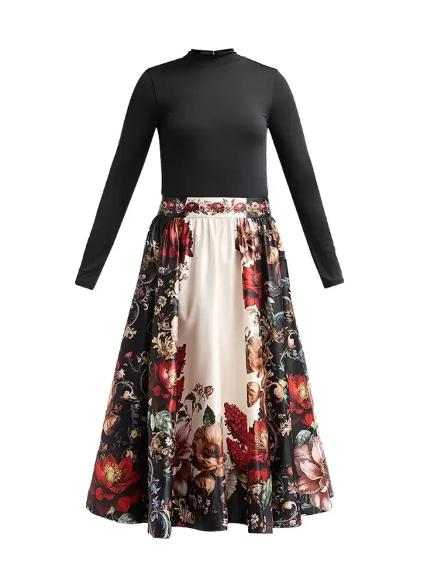 Alice + Olivia Women's Chara Turtleneck Floral Flare Skirt Midi Dress - Floral Radiance