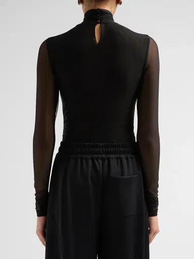 Cinq à Sept Women's Necklace-Detail Shirred Mesh Top - Black | Thumbnail 3
