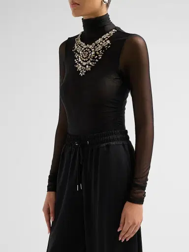 Cinq à Sept Women's Necklace-Detail Shirred Mesh Top - Black | Thumbnail 4