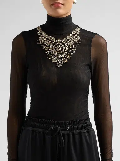Cinq à Sept Women's Necklace-Detail Shirred Mesh Top - Black | Thumbnail 5
