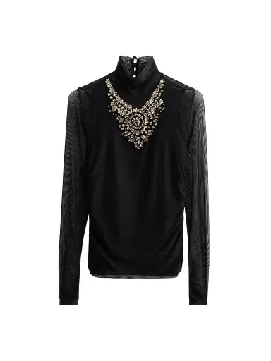 Cinq à Sept Women's Necklace-Detail Shirred Mesh Top - Black | Thumbnail 1