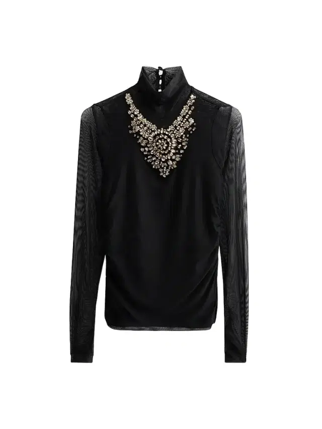 Cinq à Sept Women's Necklace-Detail Shirred Mesh Top - Black