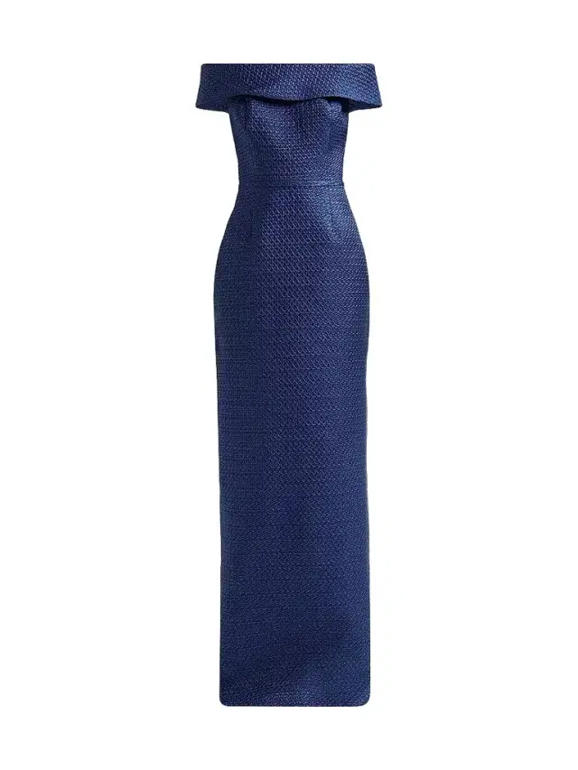 Teri Jon by Rickie Freeman Women's Basket Weave Jacquard Off-the-Shoulder Column Gown - Sapphire