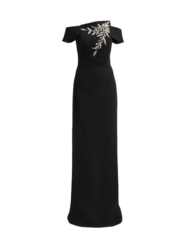 Teri Jon by Rickie Freeman Women's Embellished Botanical Off-the-Shoulder Gown - Black Silver