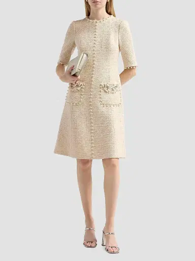 Teri Jon by Rickie Freeman Women's Imitation Pearl-Trimmed Bouclé Cocktail Dress - French Vanilla | Thumbnail 2
