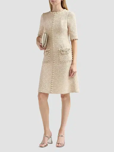 Teri Jon by Rickie Freeman Women's Imitation Pearl-Trimmed Bouclé Cocktail Dress - French Vanilla | Thumbnail 4