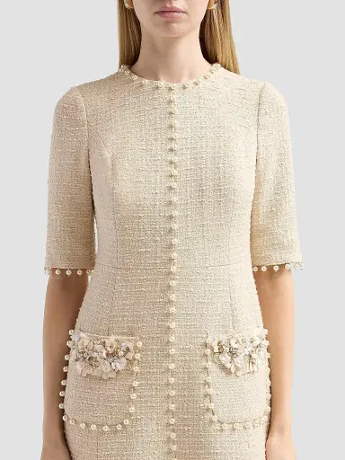 Teri Jon by Rickie Freeman Women's Imitation Pearl-Trimmed Bouclé Cocktail Dress - French Vanilla | Thumbnail 5