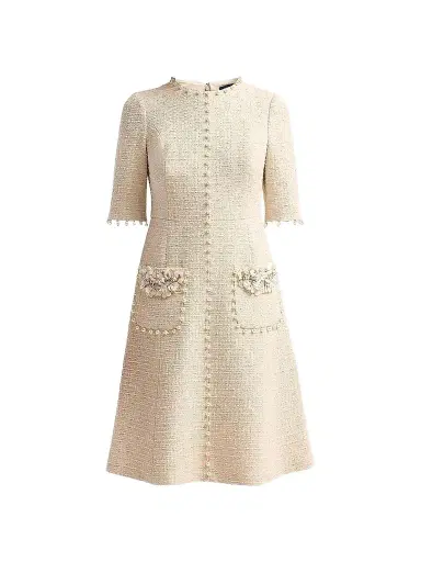 Teri Jon by Rickie Freeman Women's Imitation Pearl-Trimmed Bouclé Cocktail Dress - French Vanilla | Thumbnail 1
