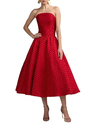 Mac Duggal Women's Polka Dot Brocade Strapless Midi Dress - Red Multi | Thumbnail 1