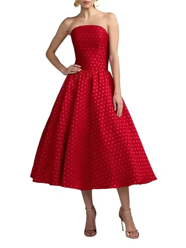 Mac Duggal Women's Polka Dot Brocade Strapless Midi Dress - Red Multi