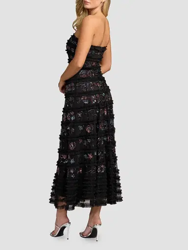 Mac Duggal Women's Floral Ruffled Mesh Strapless Midi Dress - Black Multi | Thumbnail 2