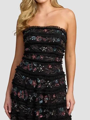Mac Duggal Women's Floral Ruffled Mesh Strapless Midi Dress - Black Multi | Thumbnail 3