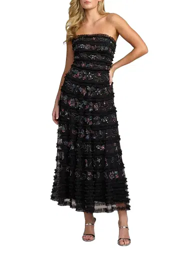 Mac Duggal Women's Floral Ruffled Mesh Strapless Midi Dress - Black Multi | Thumbnail 1