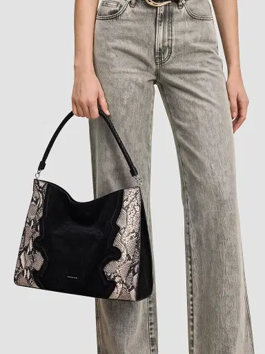 Veronica Beard Women's Vida Snakeskin-Embossed Suede Shoulder Bag - Black | Thumbnail 2 Veronica Beard Women's Vida Snakeskin-Embossed Suede Shoulder Bag - Black | Thumbnail 2