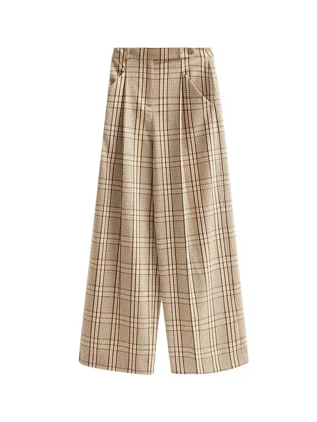 TANYA TAYLOR Women's Adler Plaid Wide-Leg Pants - Wheat Deep Redwood