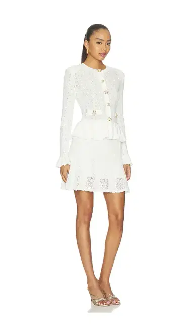 Self-Portrait White Pointelle Peplum Knit Mini Dress | Thumbnail 2 Self-Portrait White Pointelle Peplum Knit Mini Dress | Thumbnail 2