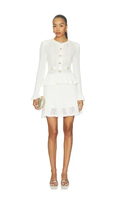 Self-Portrait White Pointelle Peplum Knit Mini Dress | Thumbnail 1 Self-Portrait White Pointelle Peplum Knit Mini Dress | Thumbnail 1