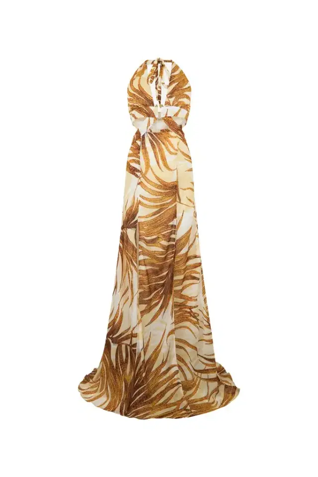 Roberto Cavalli Golden Palm Print Maxi Dress