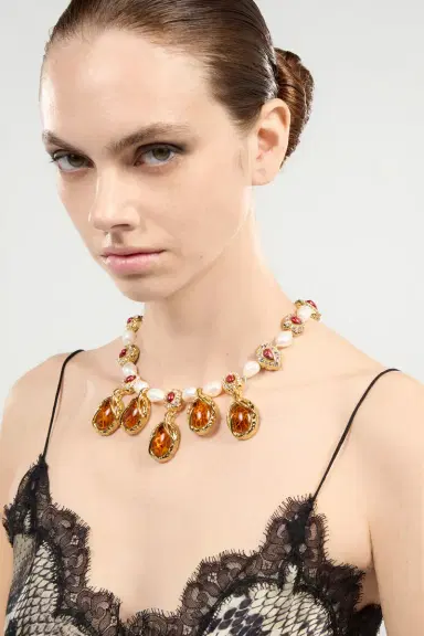 Roberto Cavalli Golden Necklace With Pearls And Topaz-Effect Stones | Thumbnail 2 Roberto Cavalli Golden Necklace With Pearls And Topaz-Effect Stones | Thumbnail 2