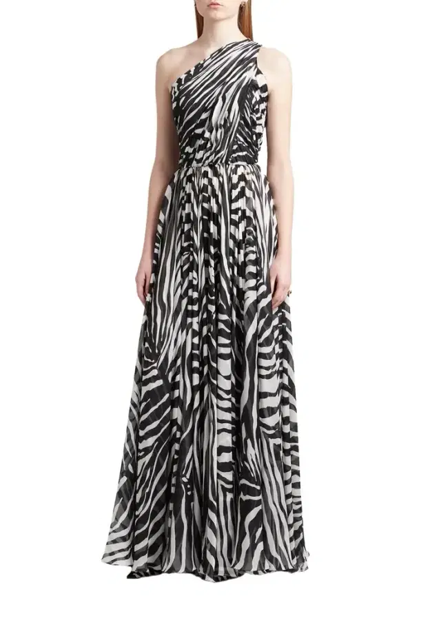 Dolce & Gabbana Zebra-Print One-Shoulder Silk Chiffon Gown