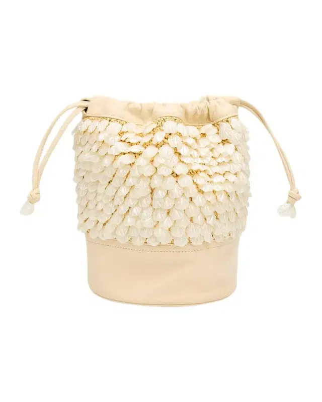 BTB Los Angeles Brielle Embellished Raffia and Leather Bucket Bag